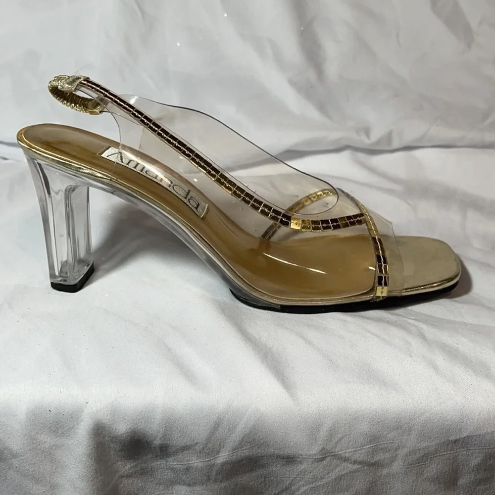 Amanda Acrylic Heels with Gold Accents - EUC